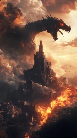 Colossal fire dragon engulfs dark citadel in burning storm