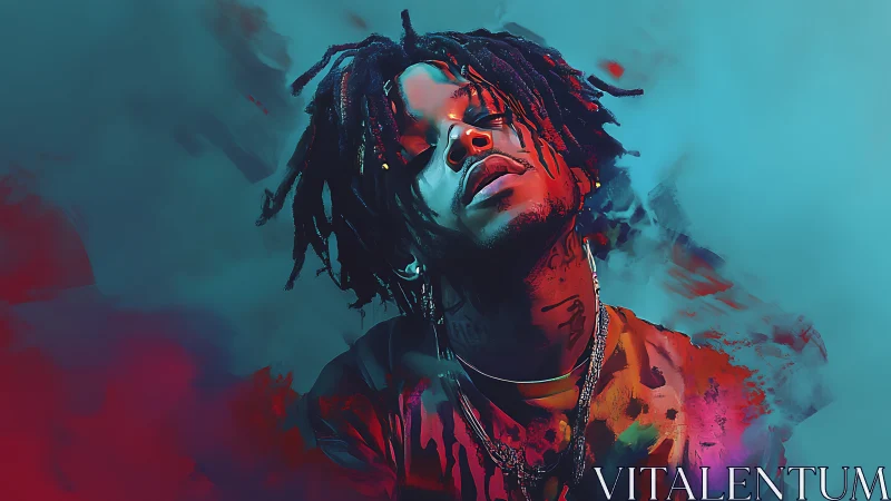 Digital portrait depicts subject with tilted head and dreads