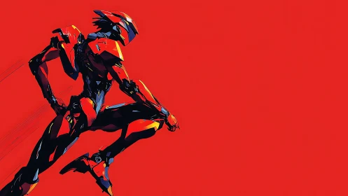 Armored humanoid robot sprints across flat red background