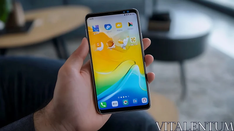 Android Smartphone Held in Hand with Vibrant Wallpaper.