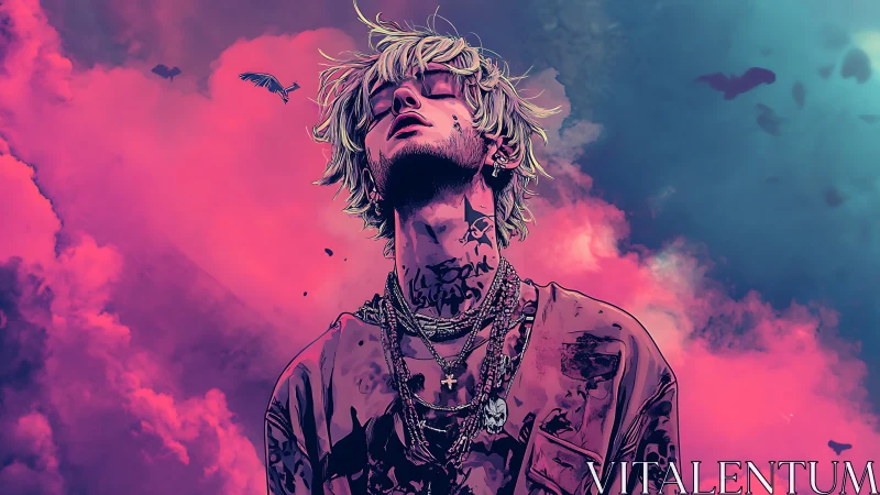 Tattooed figure in stylized neon clouds with birds overhead.