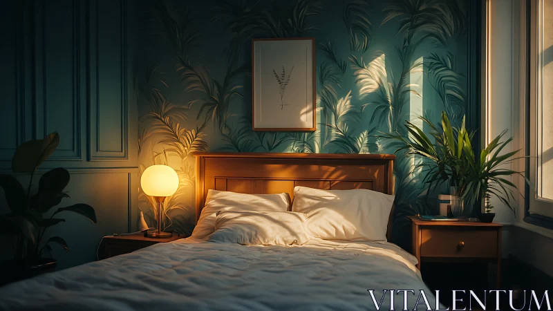 Golden hour tiptoes across a leafy, sun-dappled bedroom