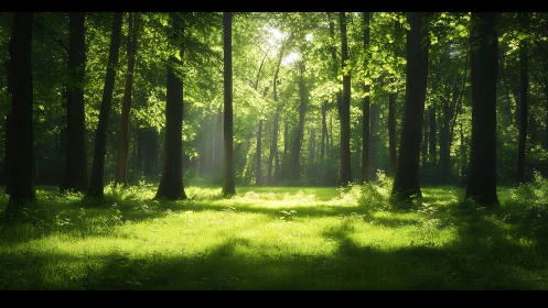 Forest clearing: sunlit glade between towering trees.