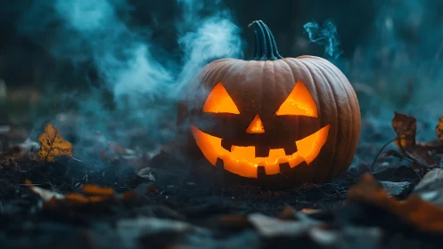 Jack-o’-lantern glows in smoky blue twilight forest floor.