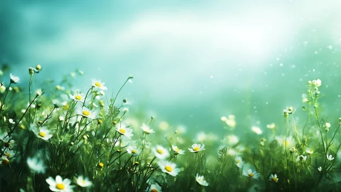 Spring Meadow with White Daisies in Soft Focus Gradient