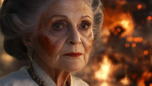 Elderly woman with soot marked face before raging fire