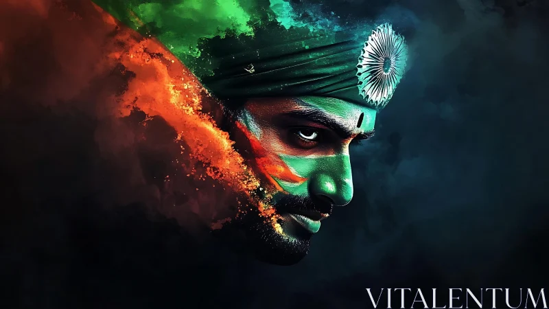 Digital painting portrait with tricolor dispersion and emblem focus.