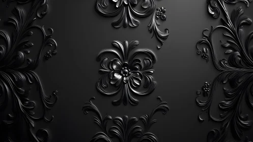 Elegant black floral baroque relief pattern on dark background.