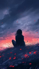 Silhouette of lone figure watching vivid sunset sky.