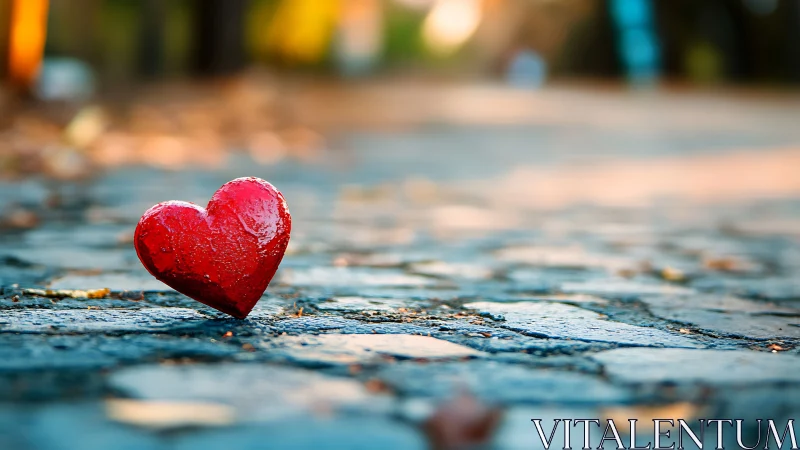 Red heart rests on wet urban cobblestone.