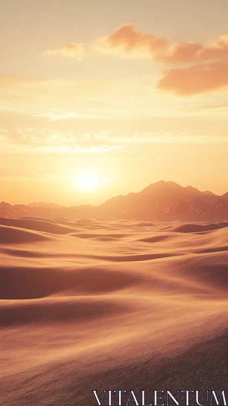Desert dunes extend toward distant mountains at sunset