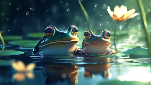 Photorealistic tree frogs resting on glowing lily pond.
