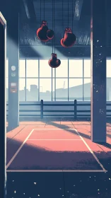 Urban boxing gym interior with red gloves suspended overhead