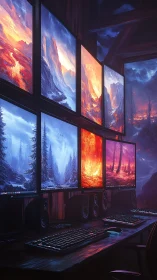 Multi-monitor gaming desk displays vivid digital landscapes