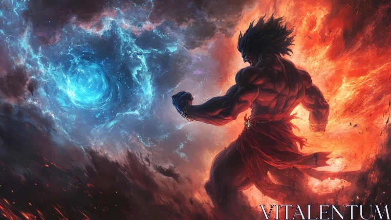 Muscular figure stands between blue vortex and orange fire