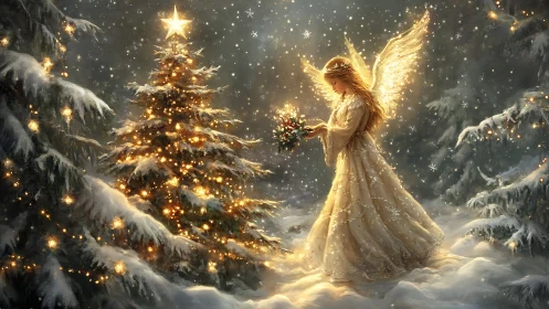 Luminous Christmas angel illuminates snowy forest tableau