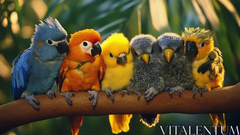 Colorful Baby Parrots on Branch in Natural Sunlight, Vibrant Photo.