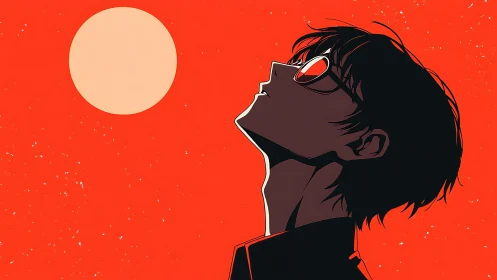 Quiet daydreamer under a glowing sunlit sky of red.