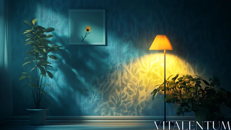 Soft lamplight fills a tranquil room with glowing plant shadows