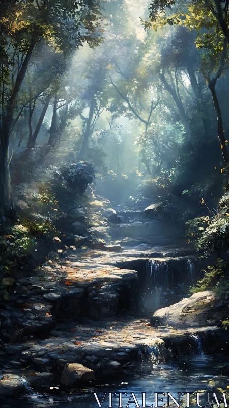 Enchanted Forest Stream with Misty Canopy Light