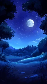 Moonlit forest clearing under deep blue starry sky.