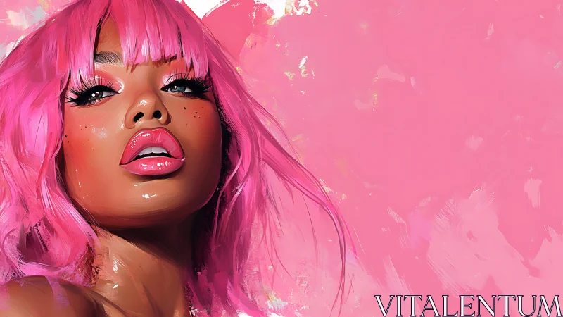 Bold pink portrait shows glossy lips and vivid hair
