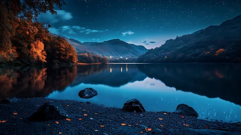 Calm mountain lake at night with reflective still water.