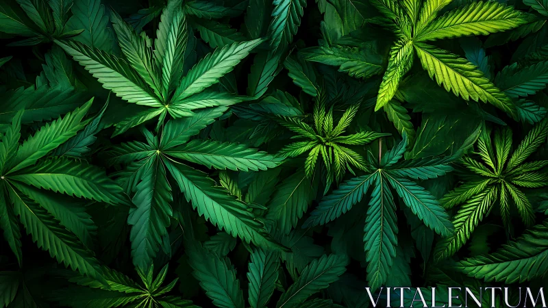 Overlapping cannabis leaves create dense emerald foliage field