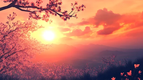 Sunset over distant hills framed by cherry blossoms.