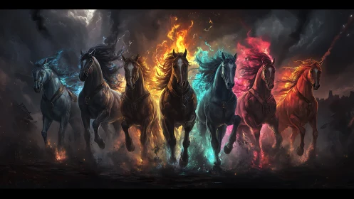 Elemental warhorses charge through stormlit apocalyptic skies