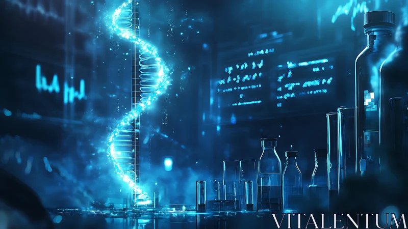 Glowing DNA helix over blue lab glassware in dark lab scene.