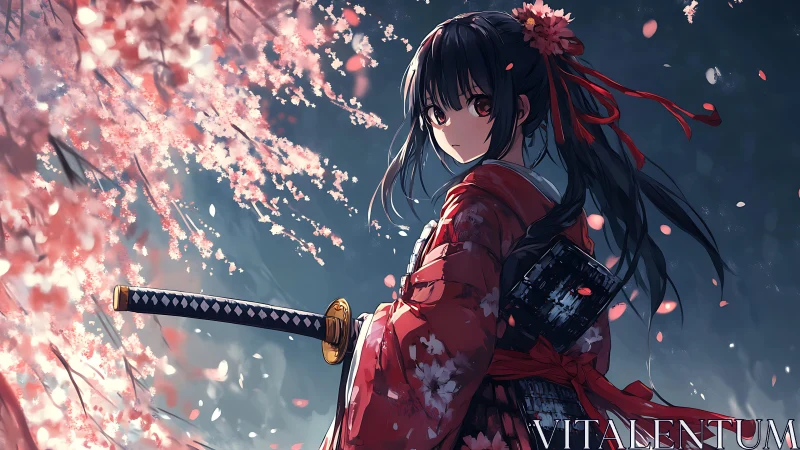 Kimono-clad anime swordswoman amid dynamic sakura dispersion.