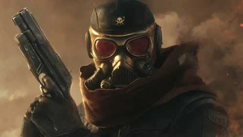 Dustborn gunslinger in rusted gasmask and ember sky.