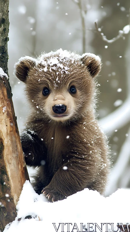 Curious baby bear exploring a gentle winter snowfall.
