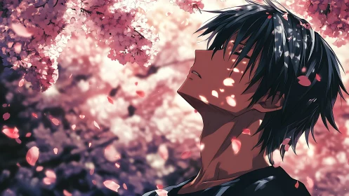 Anime portrait under cascading sakura blossoms in soft focus.