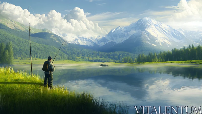 Fisherman on calm mountain lake with snowy peaks and clouds.