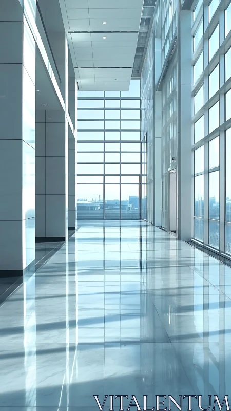 Sunlit corporate corridor with reflective glass surfaces.