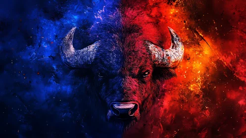 Bison head divides blue and red cosmic energy fields
