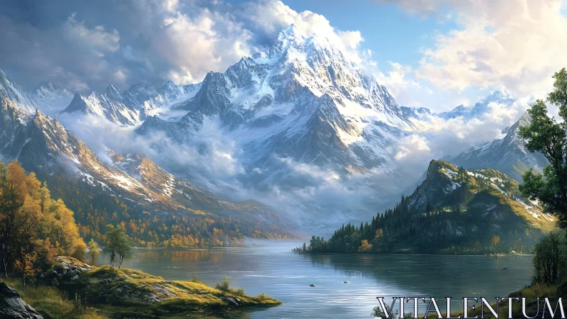 Snowcapped mountain range rises above tranquil lake at dawn.