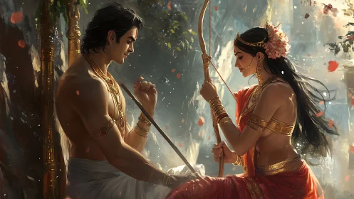 Epic digital painting of royal couple with ceremonial bow.