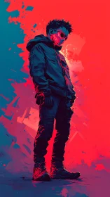 Neon-lit cyberpunk figure stands in fragmented duotone field