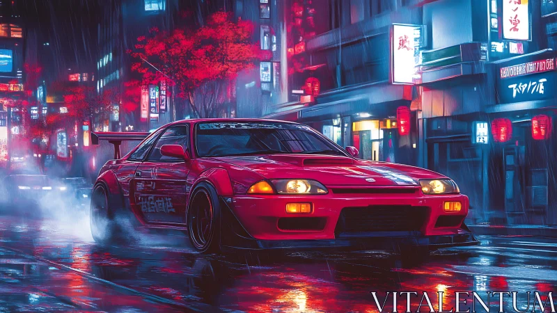 Red street racer cuts through neon soaked midnight rain