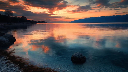 Photorealistic coastal sunset with mirrored cloud reflections.