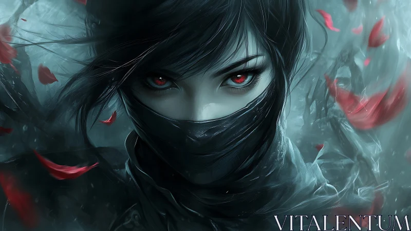 Masked red-eyed warrior in stormy, blue-toned scene.