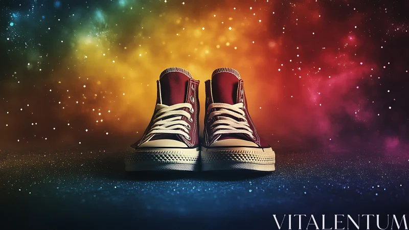 Burgundy canvas high-top sneakers in nebula gradient bokeh field