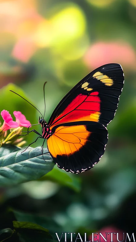 Butterfly rests on pink flower in shallow depth of field