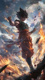Saiyan warrior ascends through erupting skyfire energy.