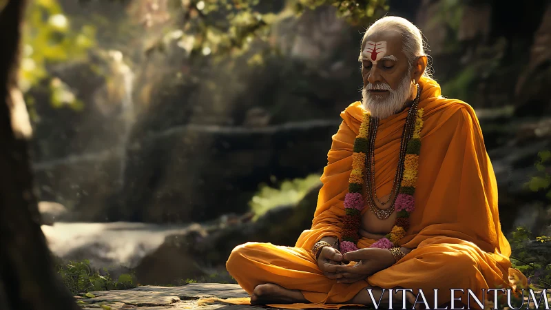 Sunlit meditation beside a forest waterfall in quiet grace.