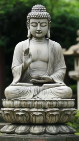 Stone Buddha holds quiet conversation with the garden air