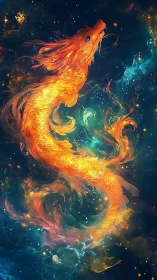 Celestial fire dragon swirling through cosmic nebulae.